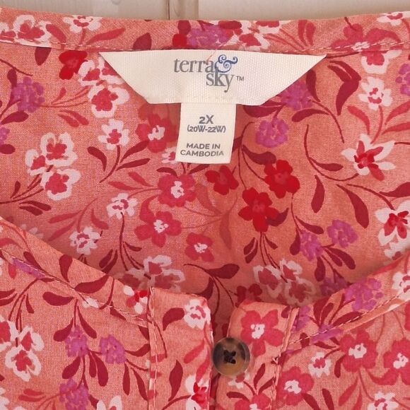 Terra & Sky Button Front Dress 100% Cotton Pockets Magic Garden/Soft Mimosa 2X - Picture 6 of 12